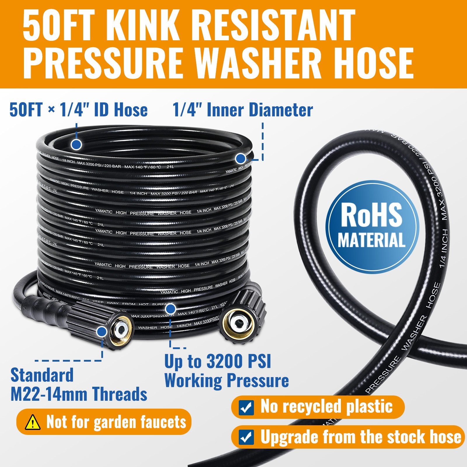 YAMATIC Pressure Washer Gun and 50 ft Hose Kit for Ryobi, Simpson, Craftsman etc