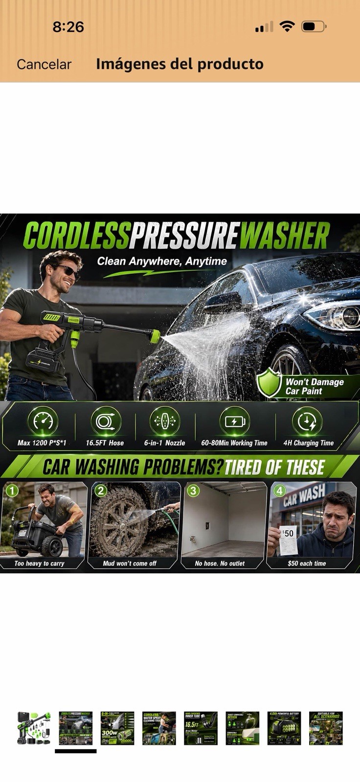 YYGGGGHH Cordless Pressure Washer 1300 PSI 48V 300W w/ Case Battery Hose