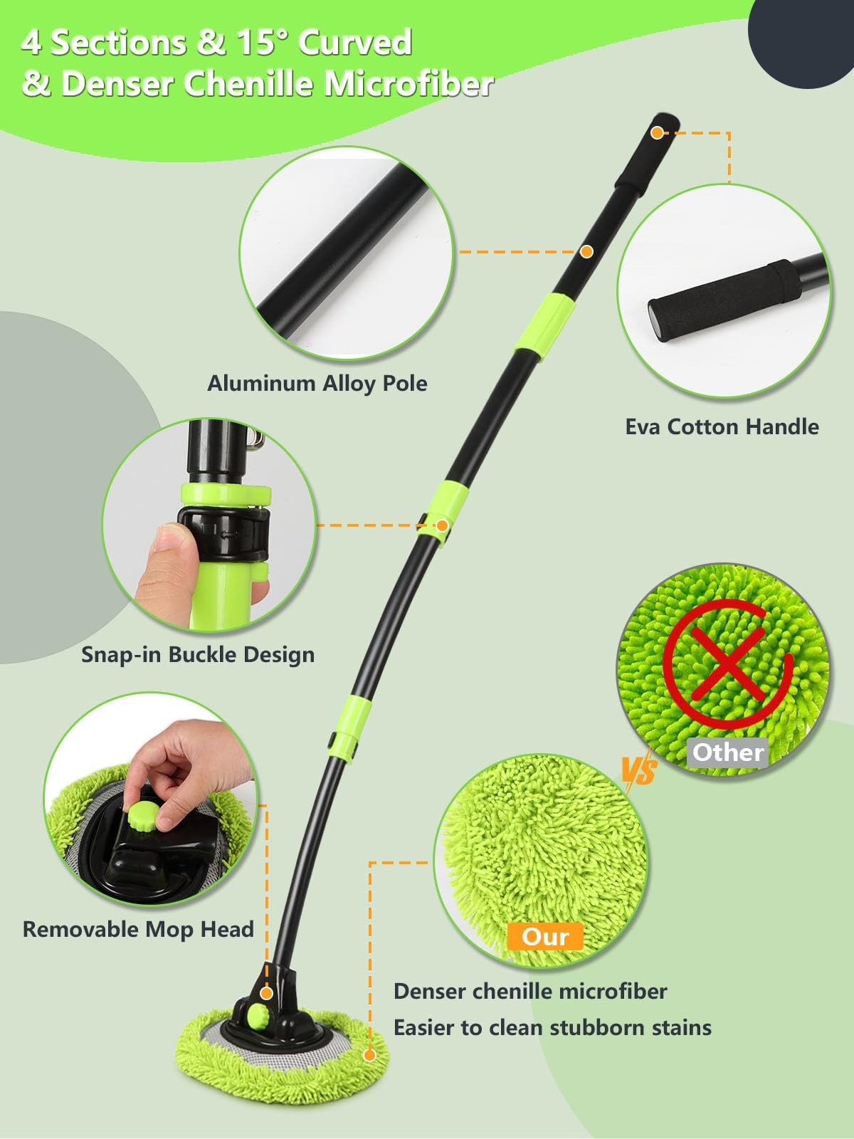 4 Sections Car Wash Brush with 15° Curved Aluminum Alloy Long 51.6″, Green