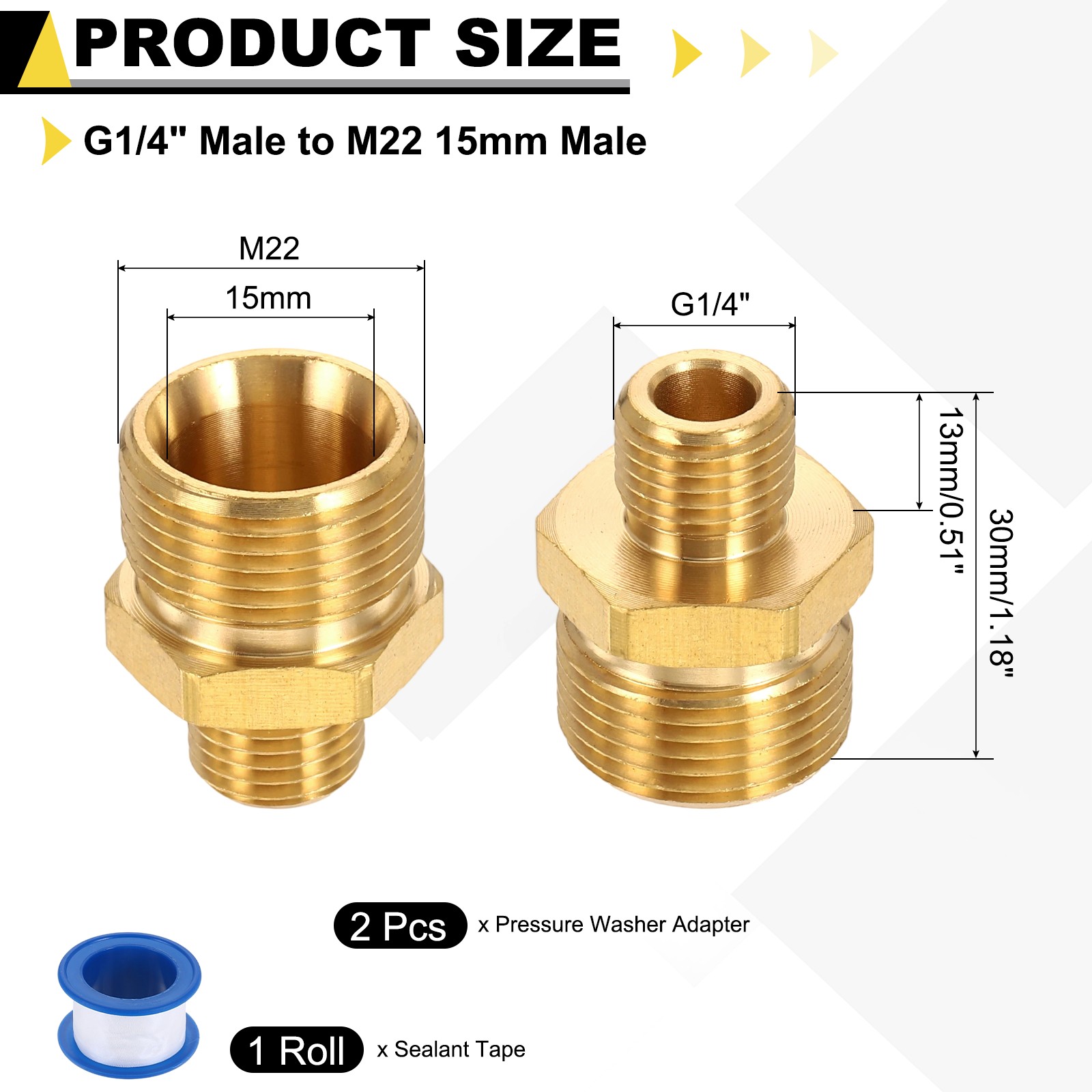 2Pcs Pressure Washer Adapter with Tape, G1/4″ Male to M22 15mm Male Brass