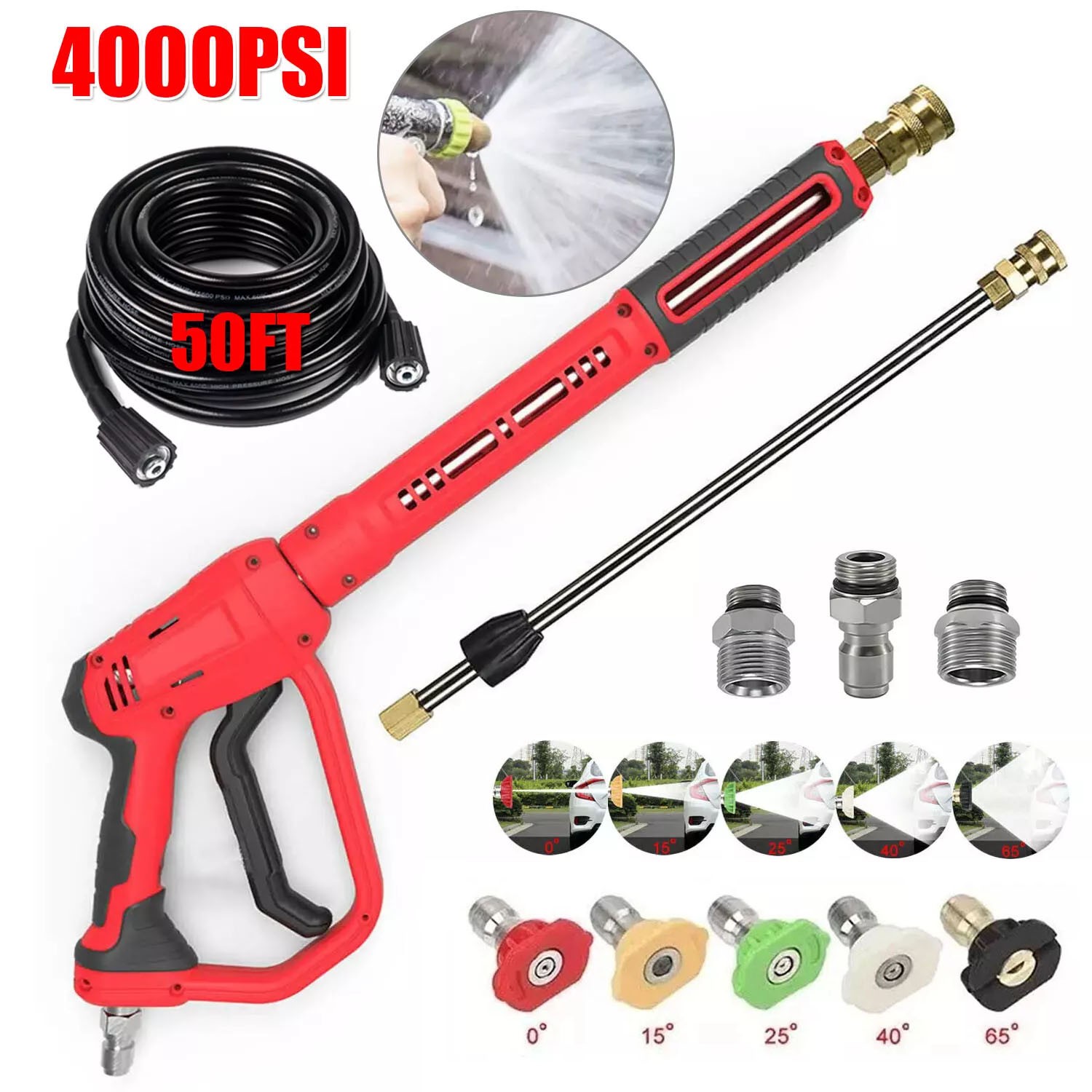 High Pressure 4000PSI Car Power Washer Gun Spray Wand Lance Nozzle,50ft Hose Kit