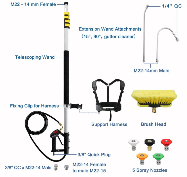 24FT Telescoping Pressure Washer Wand Kit w/Gutter Cleaner & 5 Nozzle Tips