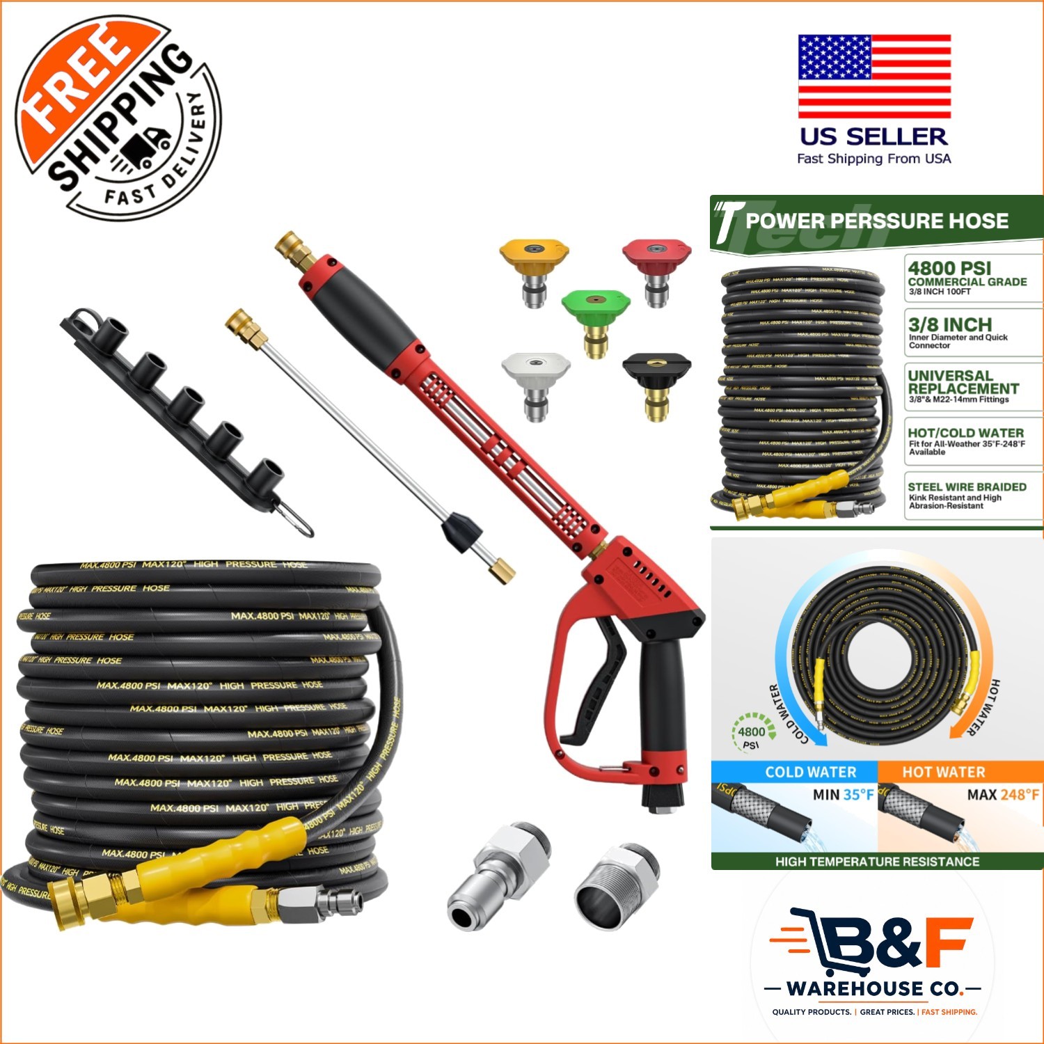 5000 PSI Pressure Washer Gun & 50FT Kink-Free Hose with Quick Connect – Durab…