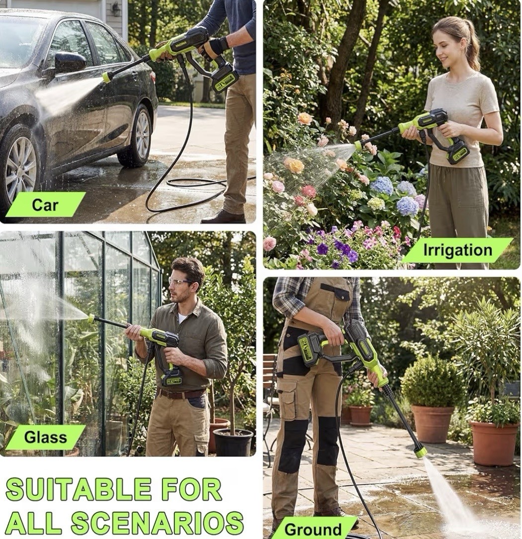 Cordless Portable Pressure Washer, 3 Modes, 23ft Hose, 6-in-1 Nozzle, Car