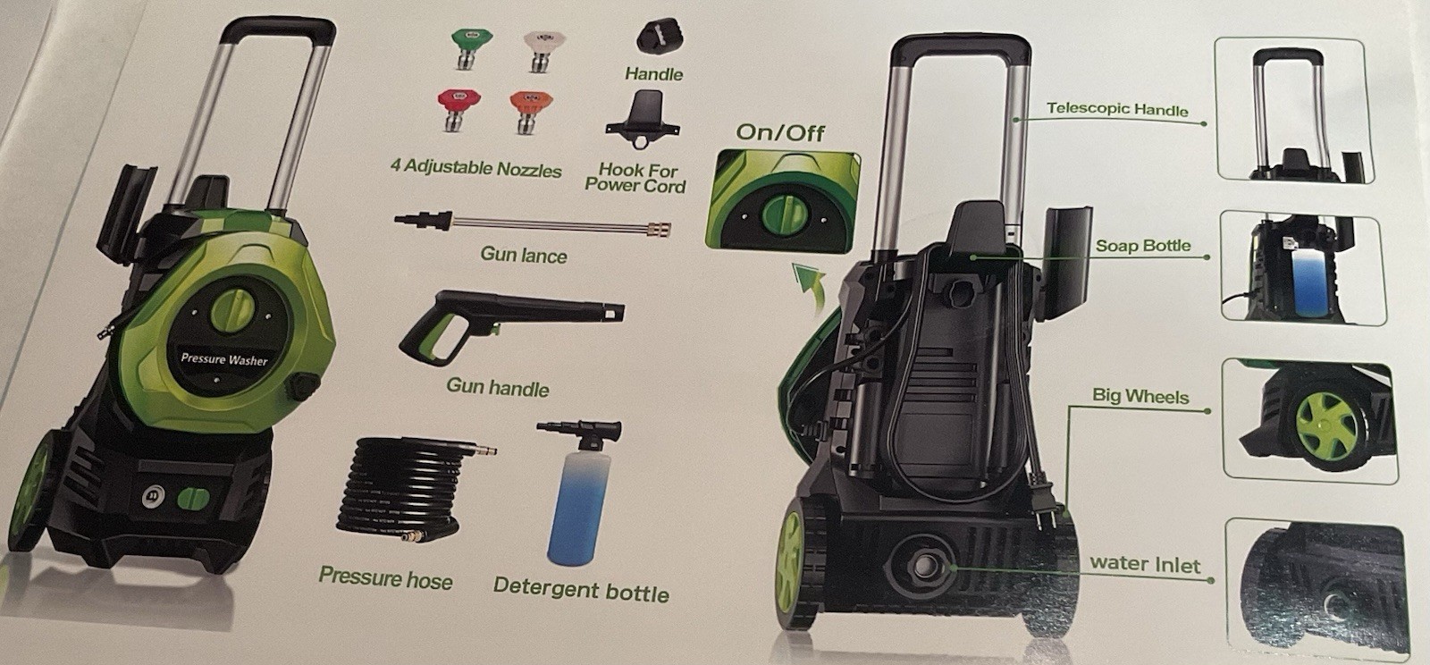 Green 2000 Watt Pressure Washer w/ 4 Interchangeable Nozzles & Soap Bottle New