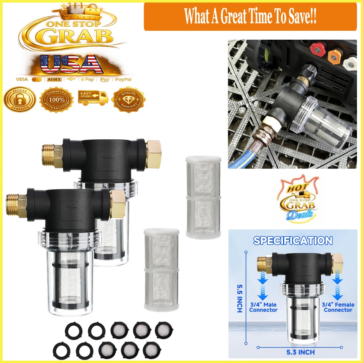 2 Pack Garden Hose Filter Pressure Washer Inline Sediment Water Filter