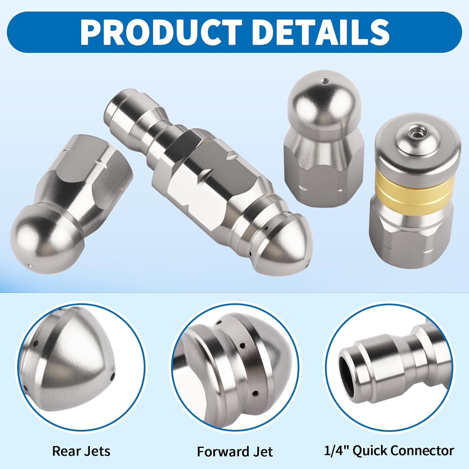 4PCS Pressure Washer Sewer Jetter Nozzle Kit – Stainless Steel Rotating Nose