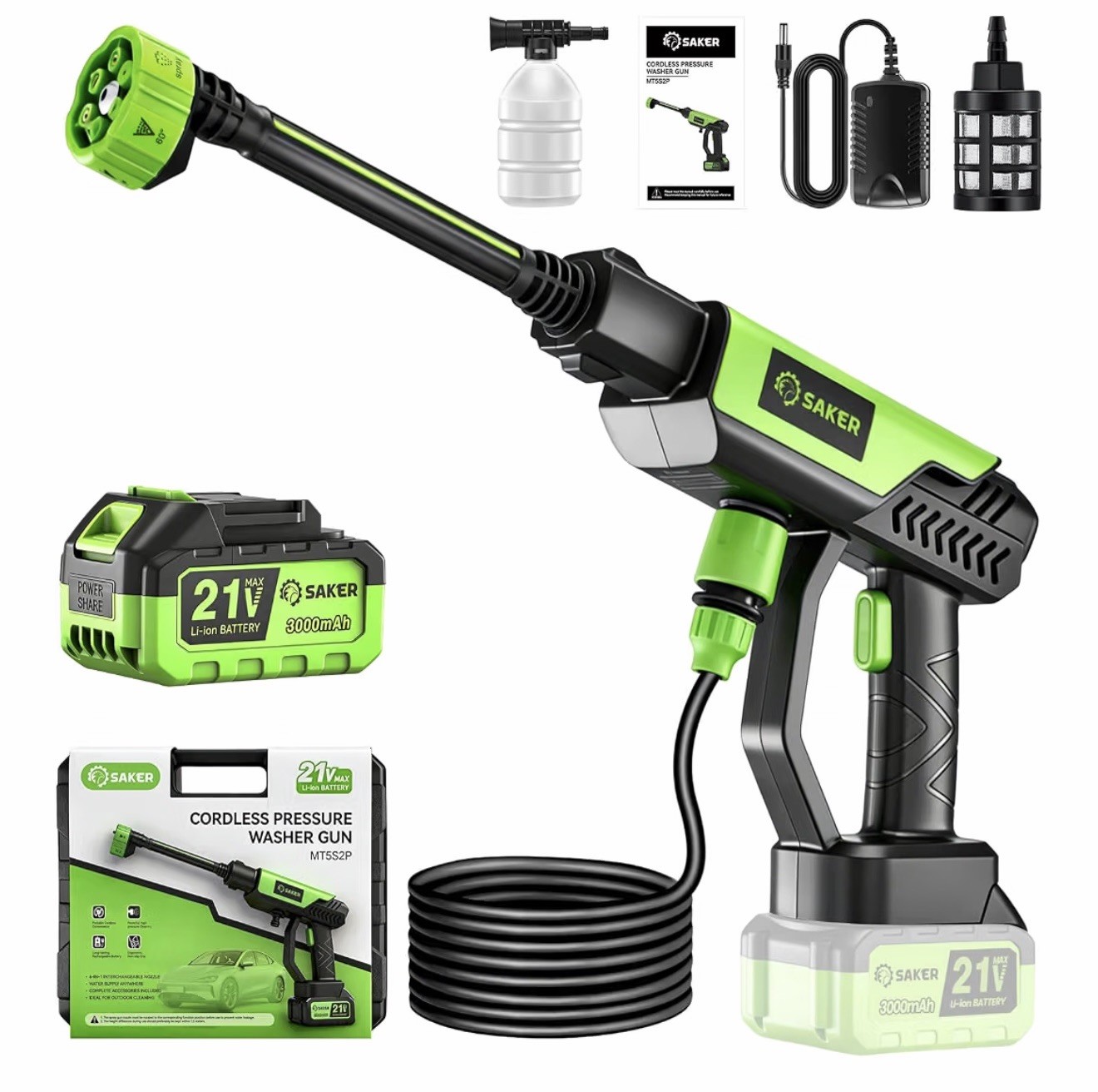 Cordless Pressure Washer,1300PSI Portable Pressure Washer 6-1 Nozzle By Saker