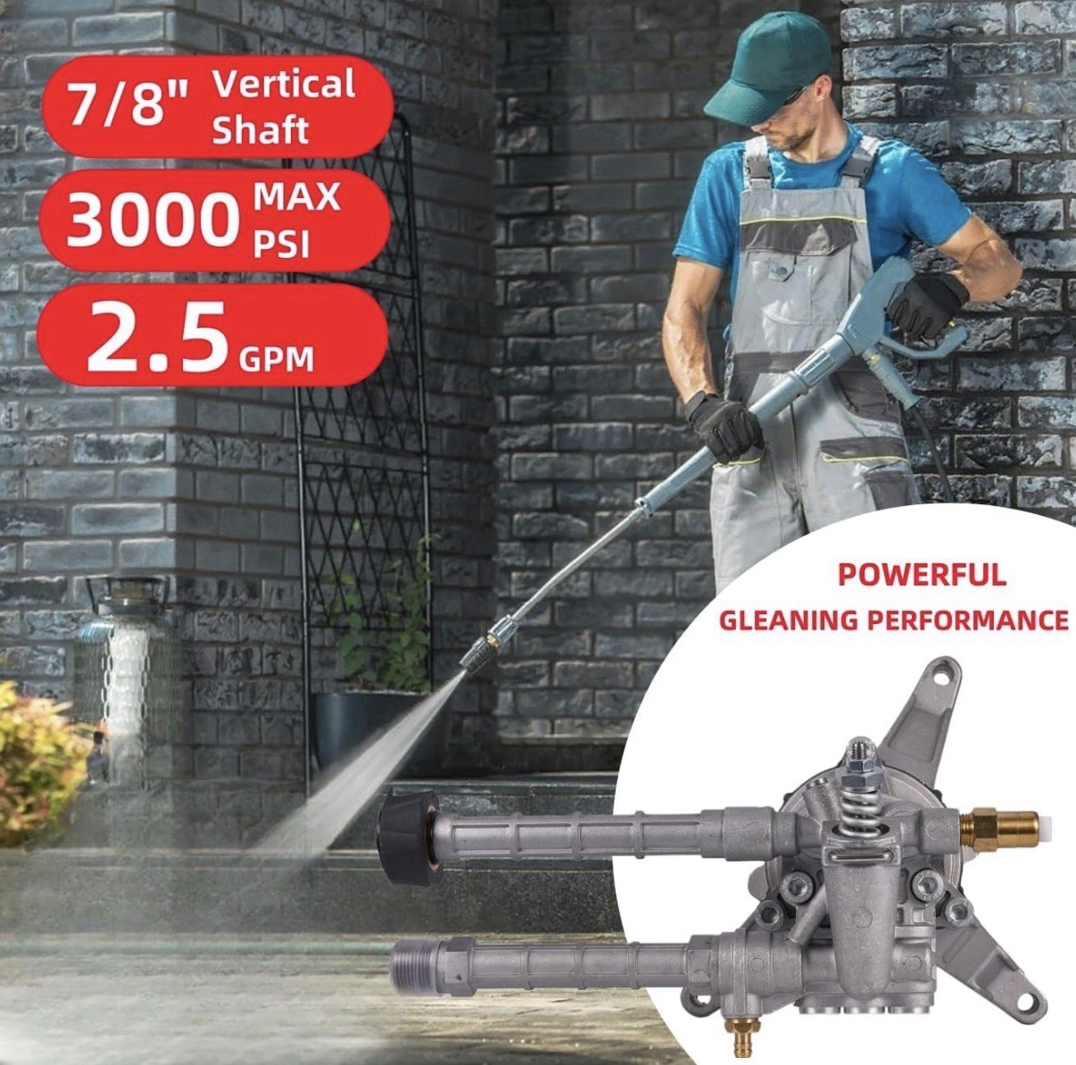 7/8″ Shaft Vertical Pressure Washer Pump 2600-3000 PSI @2.5 GPM & Power Wash