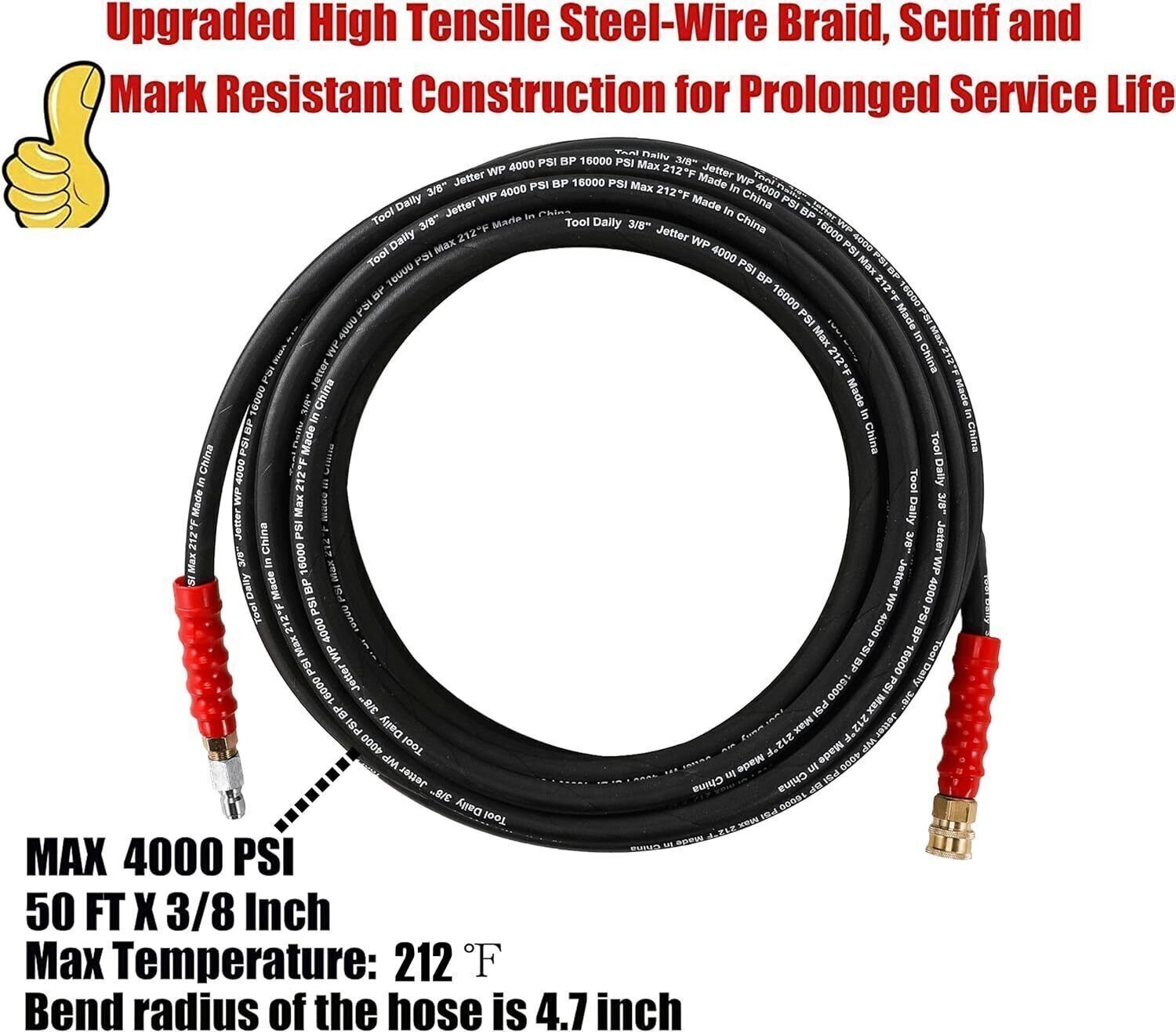 Pressure Washer Hose 3/8 Inch x 50 FT Quick Connect 4000 PSI Steel-Wire Braid US