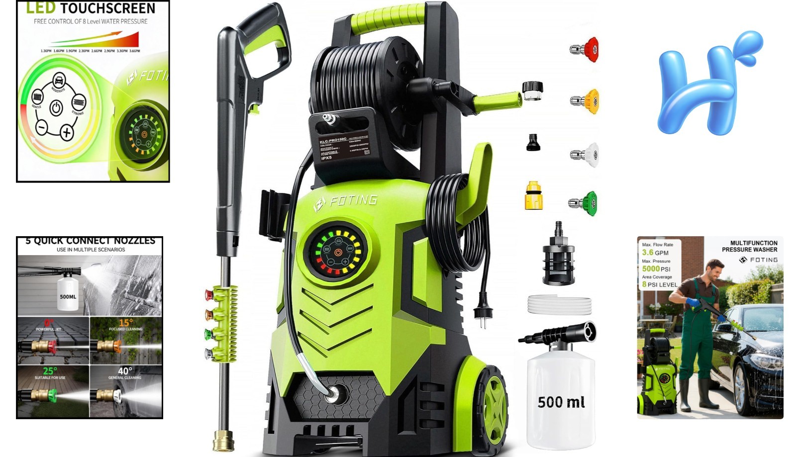 Pressure Washer 5000PSI 8 Level Adjustable Touch Screen Nozzles Foam Cannon