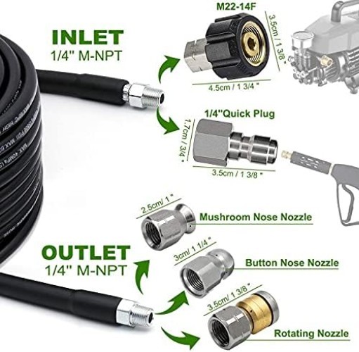 High-Pressure 100FT Drain Cleaner Hose with Nozzles for Pressure Washer Use