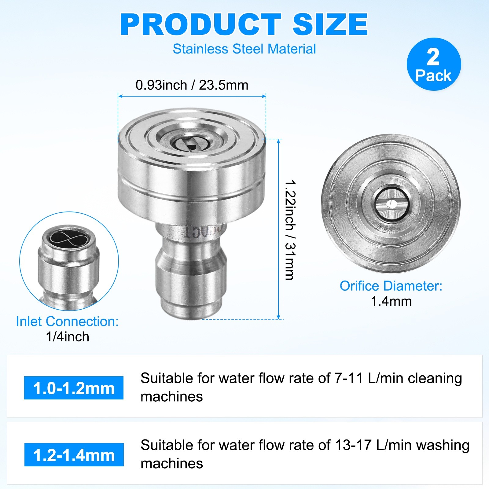 2-Pack 15 Degrees Pressure Washer Nozzle Tips, 1/4 Inch Quick Connect, 1.400mm