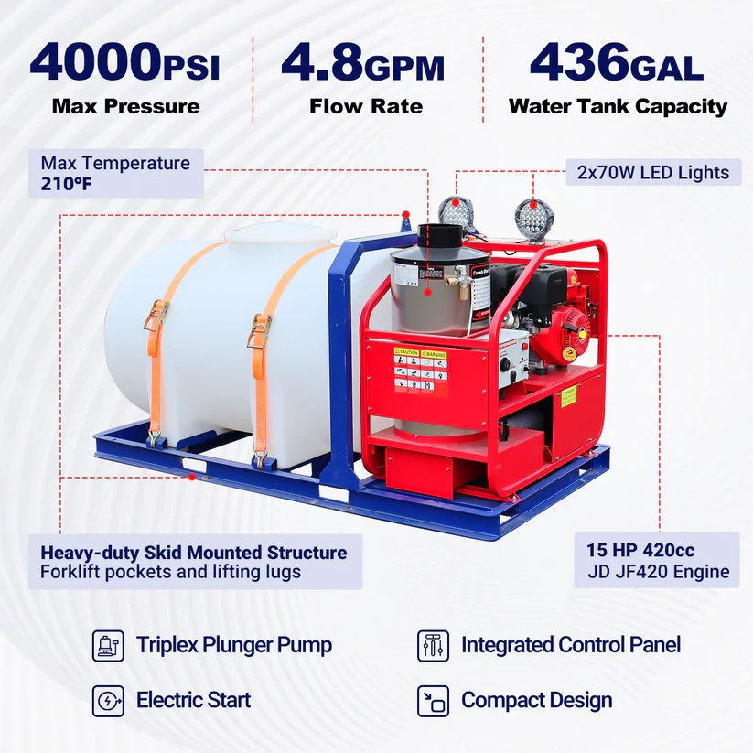 Greatbear Industrial 4000PSI Hot Water Pressure Washer with 436 Gal Water Tank
