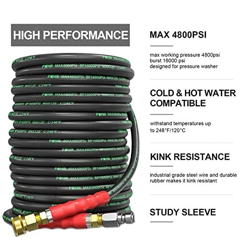 Pressure Washer Hose 100 ft 3/8 Inch Hot Cold Water 4800 PSI Quick Connect