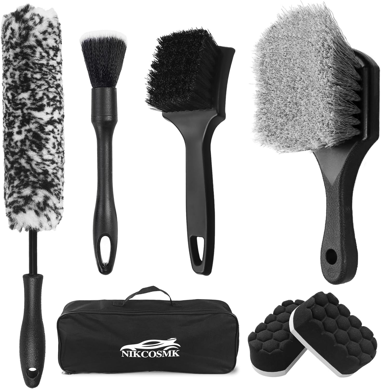 7Pcs Car Wheel Brush kit, Tire Brush, Cleaner Black