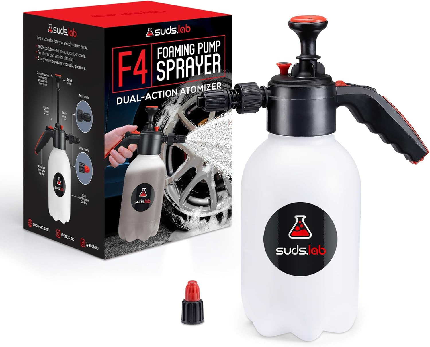Suds Lab F4 Foaming Pump Sprayer with 70 Oz UV Resistant Canister & Ergonomic Ha
