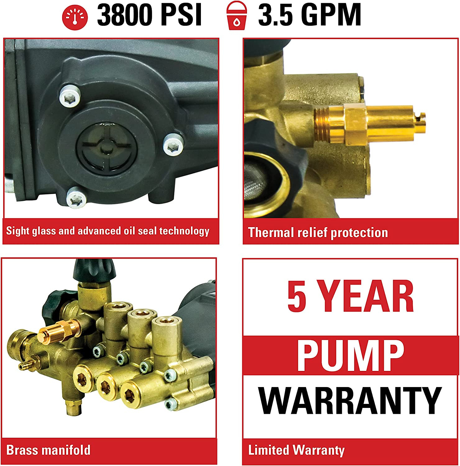 3800 PSI 3.5 GPM Horizontal Triplex Plunger Replacement Pressure Washer Pump Kit