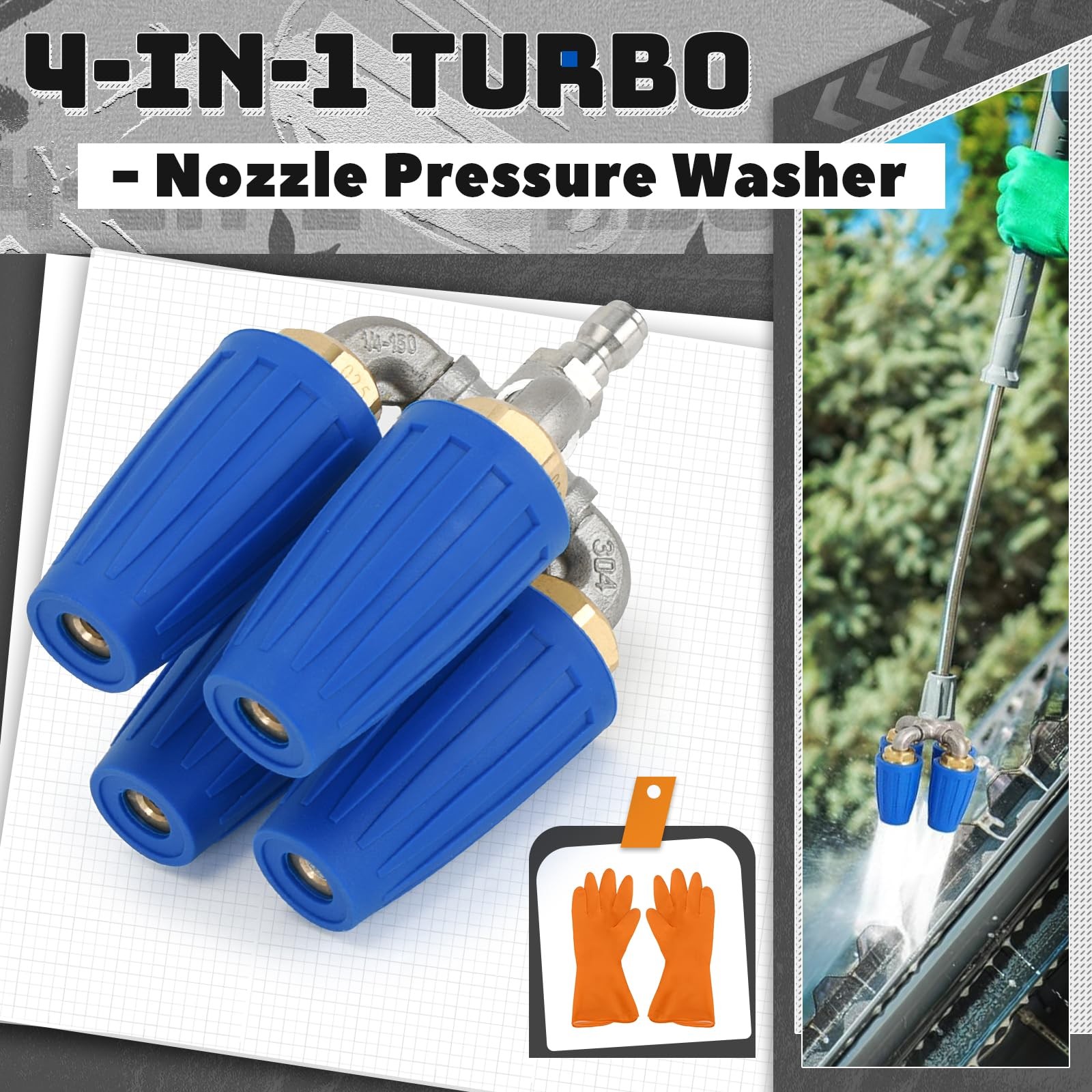 4-in-1 Turbo Nozzle Pressure Washer Tip with Gloves, 2.5 Quadruple, Blue