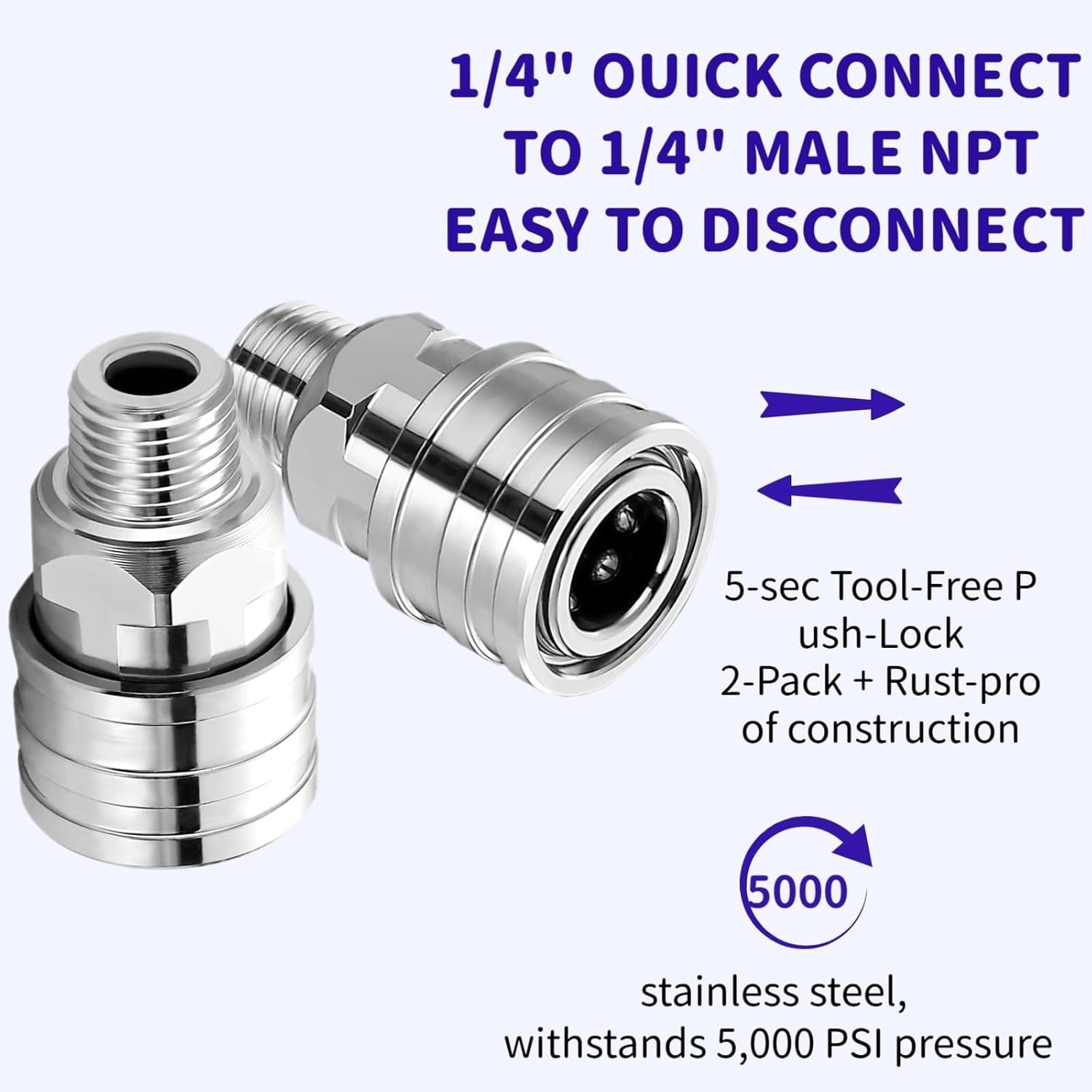 2-Pack Stainless Steel 1/4″ Pressure Washer Quick Connect Fittings Profession…