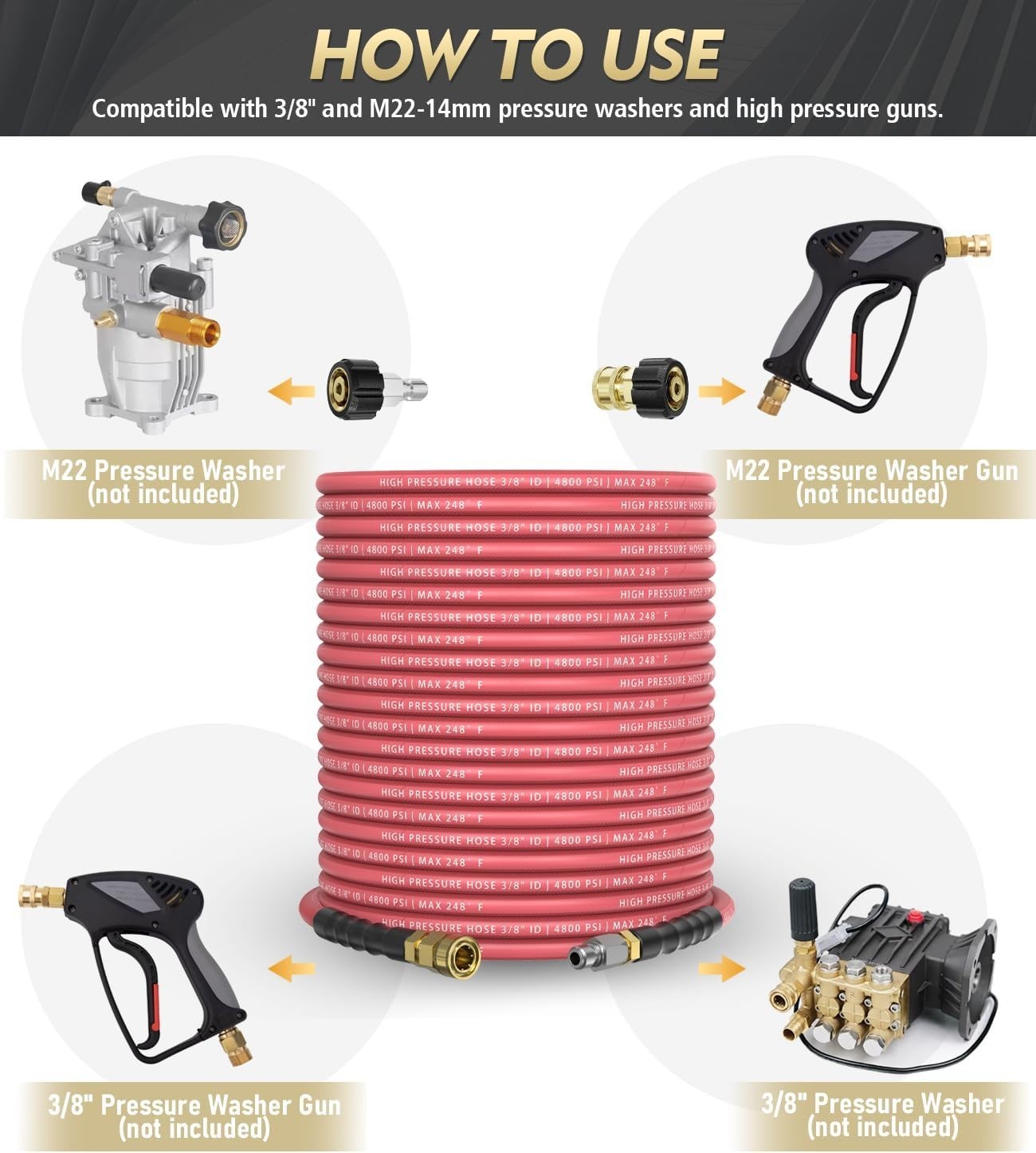 3/8″ 4800PSI Pressure Washer Hose 50FT with Swivel Quick Connect Max 248°F