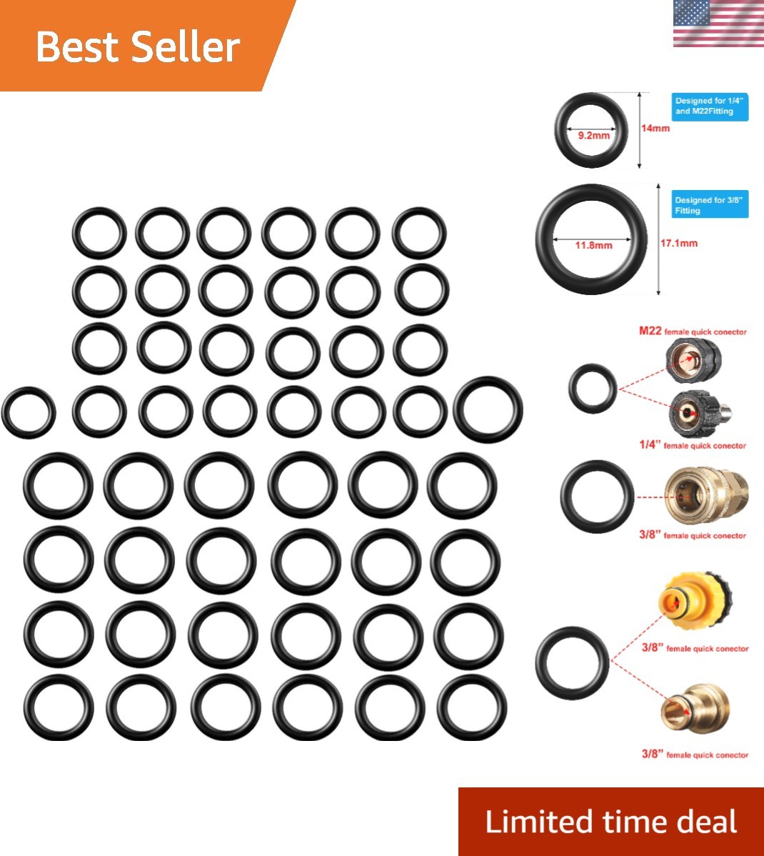 50-Piece Pressure Washer O-Ring Replacement Set for 1/4 & 3/8 Inch Connections