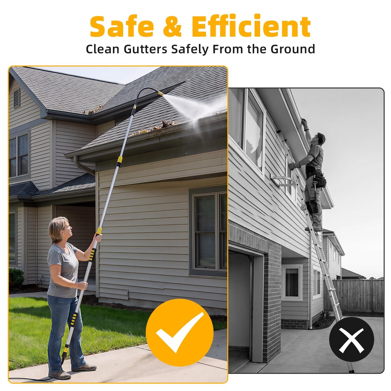 20FT Gutter Cleaning Tool with 360° Rotating Wand & Brass Shut-Off Valve – Safe