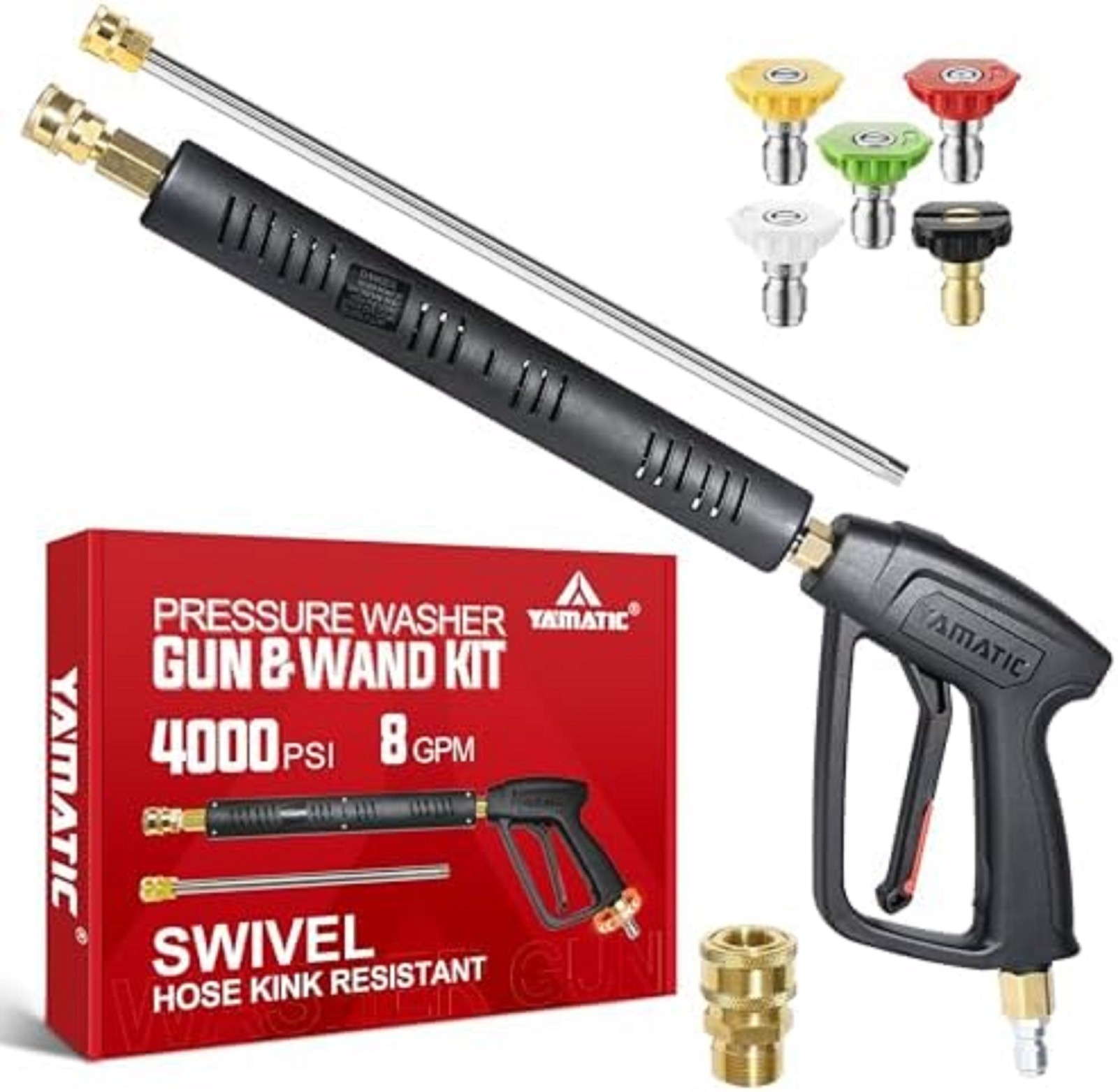 Pressure Washer Gun Wand with Swivel 3/8″ Plug & M22 Coupler, Stainless Steel Ex