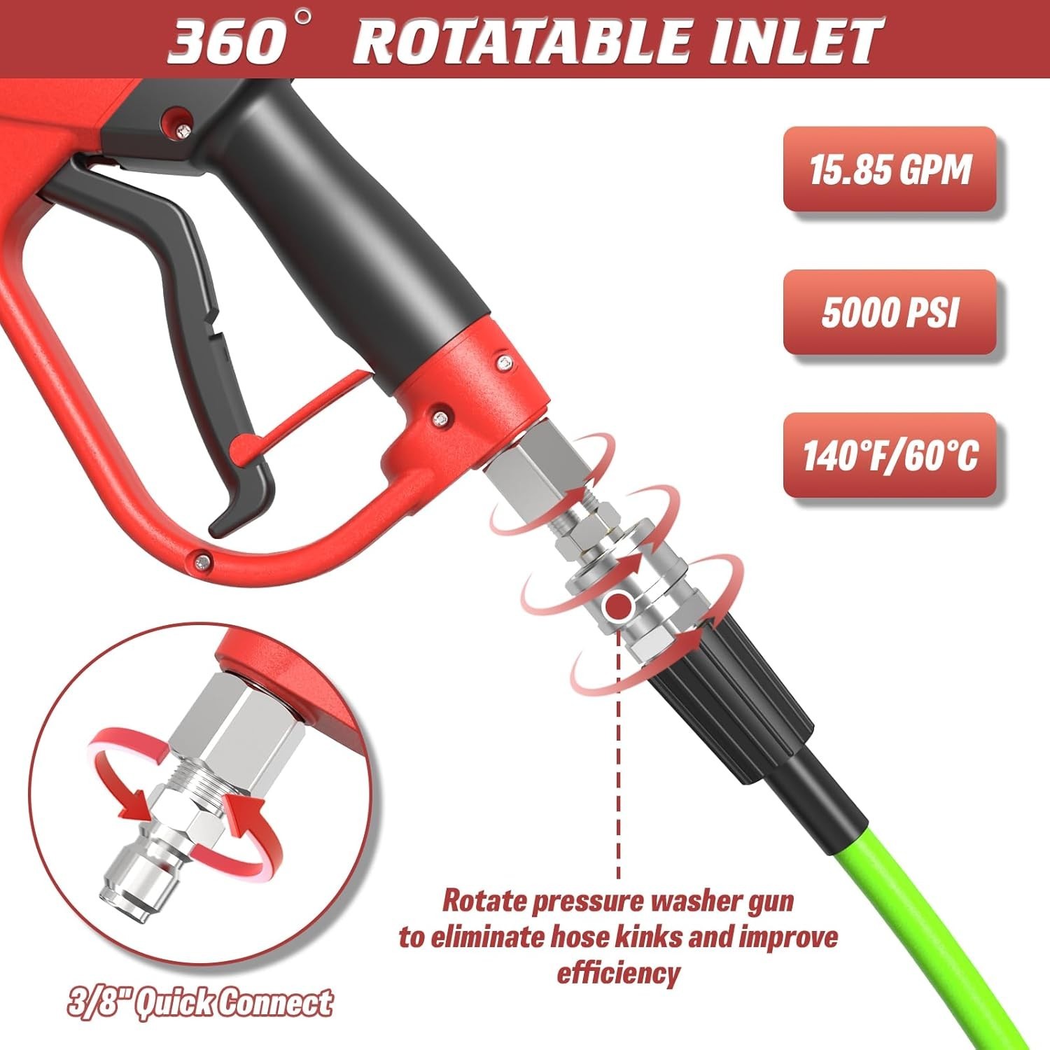 Pressure Washer Gun with 360 Swivel, Max 5000 PSI Power Washer Short Gun with…