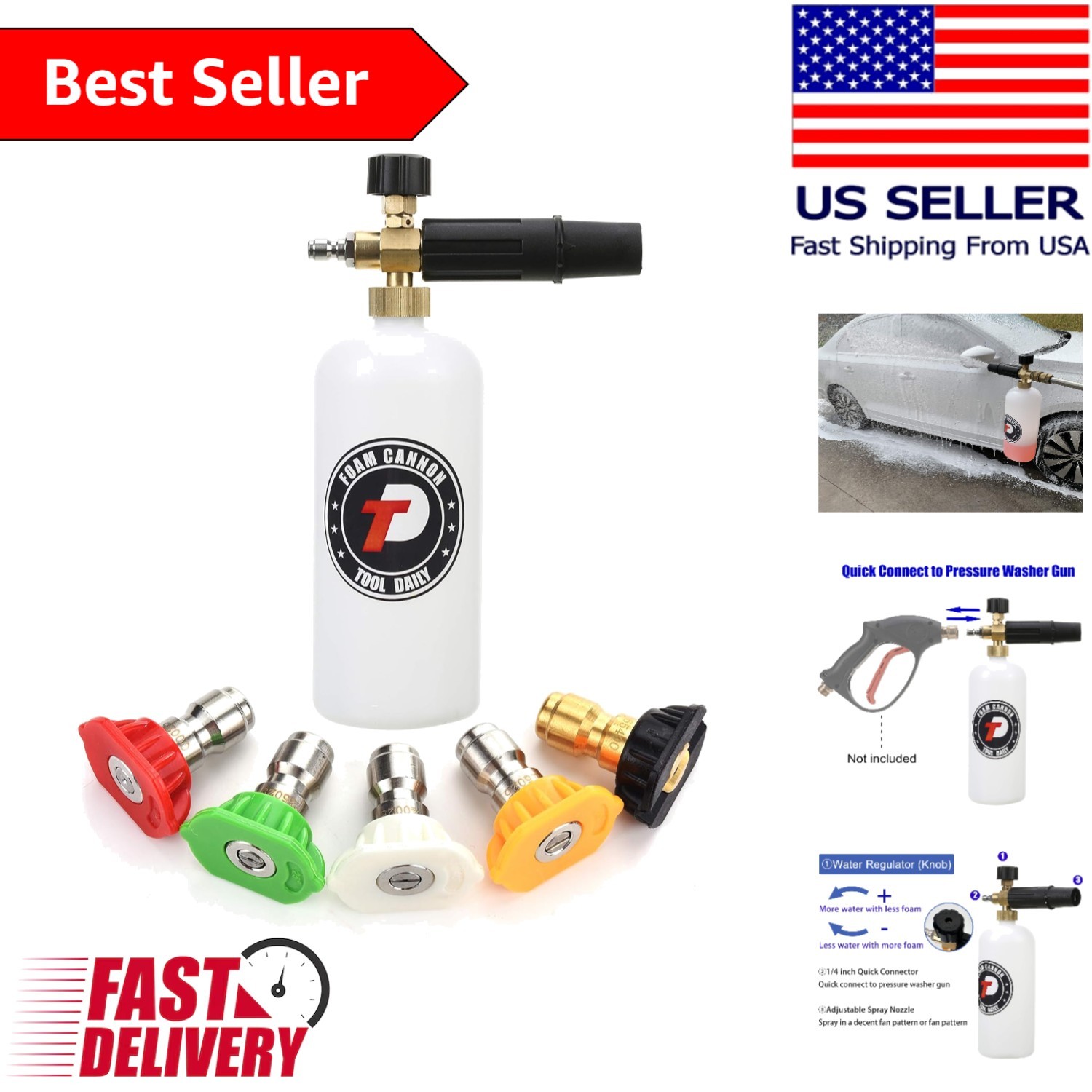 1 Liter Foam Cannon with Quick Connect & 5 Versatile Nozzles Included