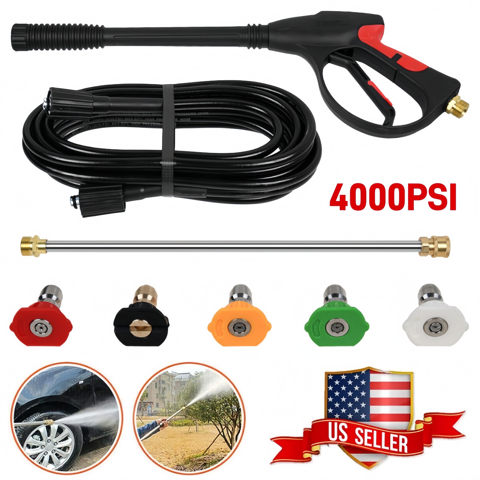 4000PSI High Pressure Power Washer Spray Gun Wand Lance Nozzle Tips Hose Set M22