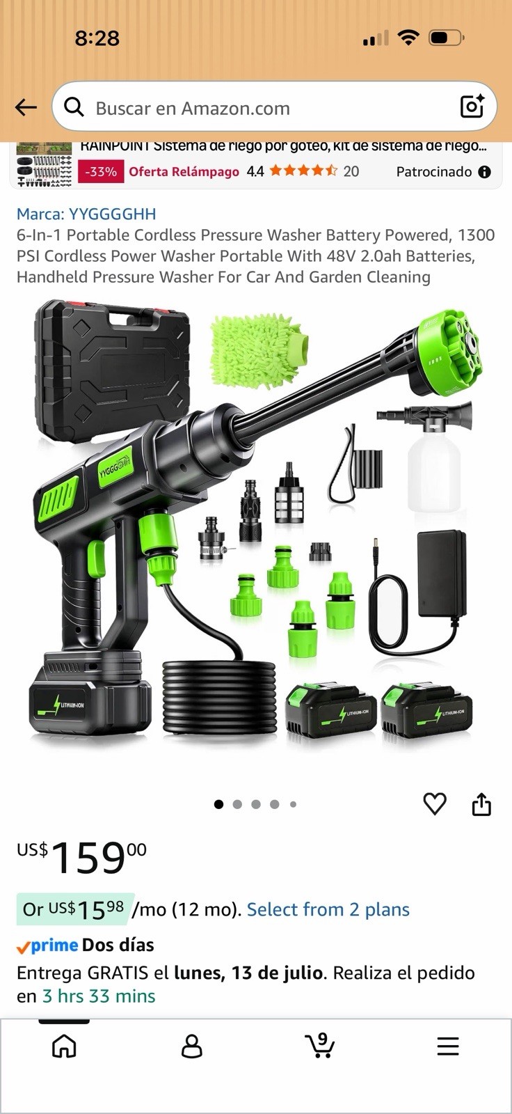 YYGGGGHH Cordless Pressure Washer 1300 PSI 48V 300W w/ Case Battery Hose