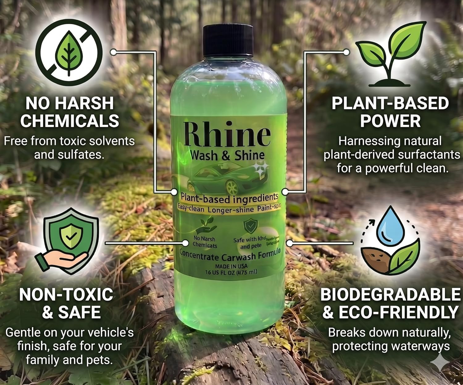 Plant-Based Eco-Friendly Car Wash Soap, Non-Toxic, Moderate-Foam Concentrated So