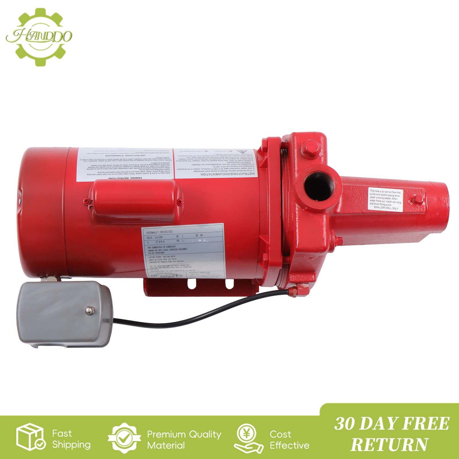 Shallow Well Jet Pump 1 HP 23 GPM, Cast Iron, 115/230V Dual Voltage, Red