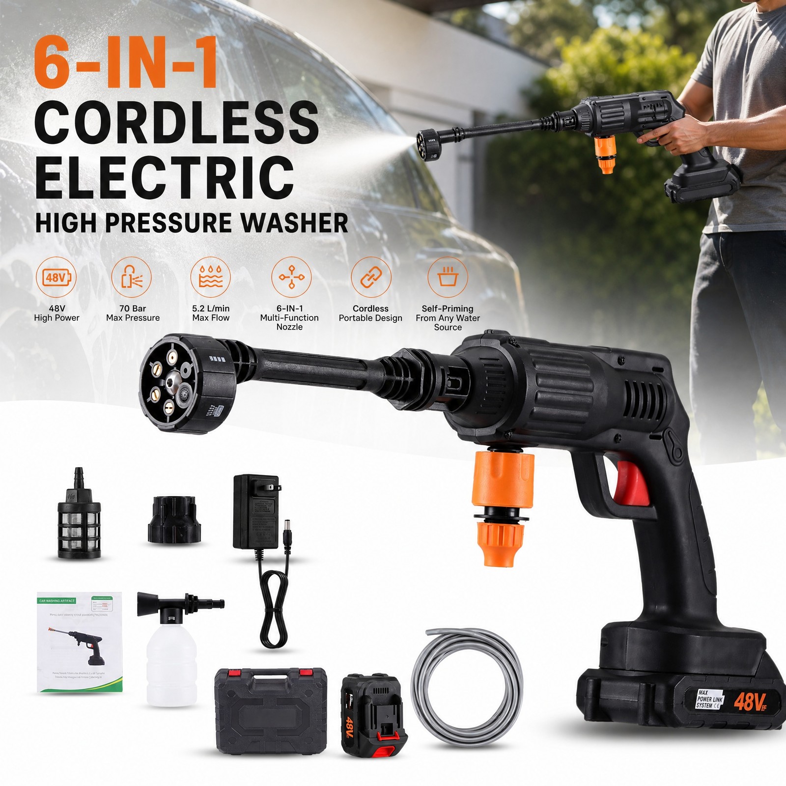 Portable Cordless Electric High Pressure Water Spray Gun Car Washer Cleaner Tool