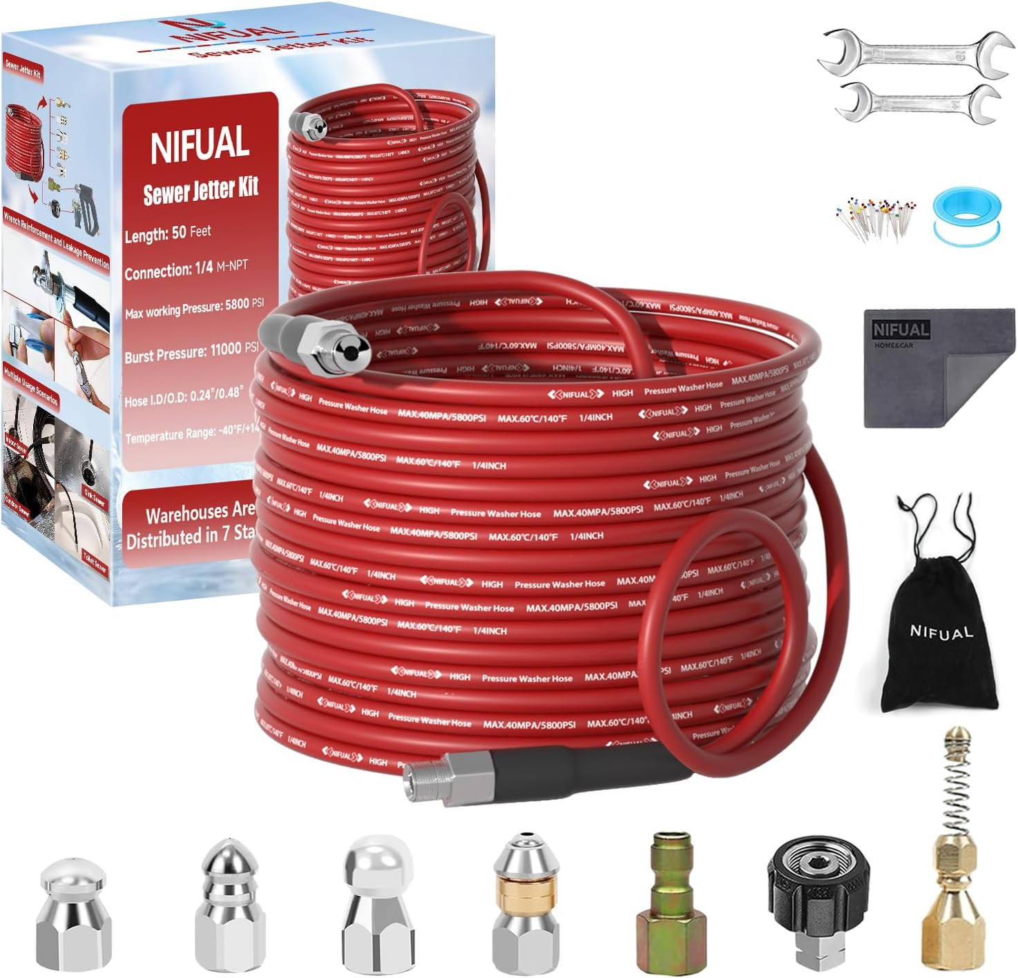 NIFUAL Sewer Jetter Kit for Pressure Washer,50Ft 5800PSI Pressure Drain Cleaner