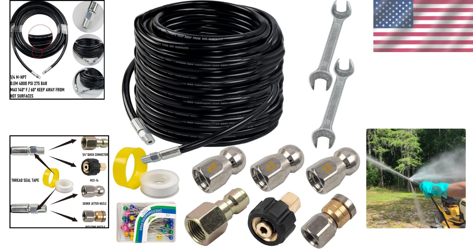 Versatile 100FT Pressure Washer Sewer Jet Kit – 4 Nozzles for Ultimate Cleaning