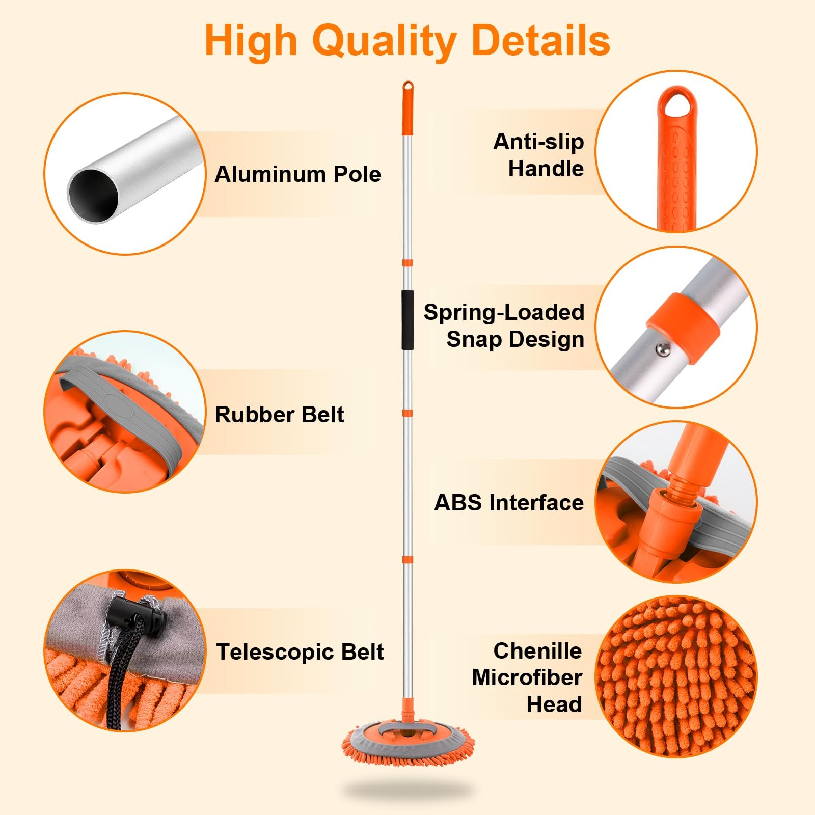 Ordenado 62″ Car Wash Brush Kit Mitt Mop Sponge with Long Handle D-orange