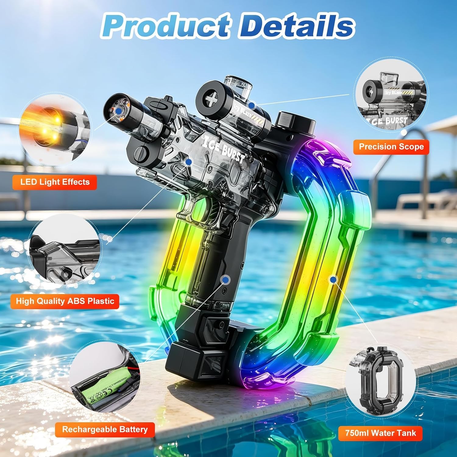 750ML Large Capacity Electric Water Gun, 28-32 FT Range, LED Muzzle