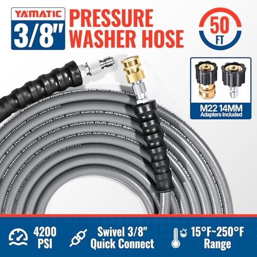 Pressure Washer Hose 50 FT, True 3/8″ID,4200 PSI, 250°F Premium Fittings 50FT