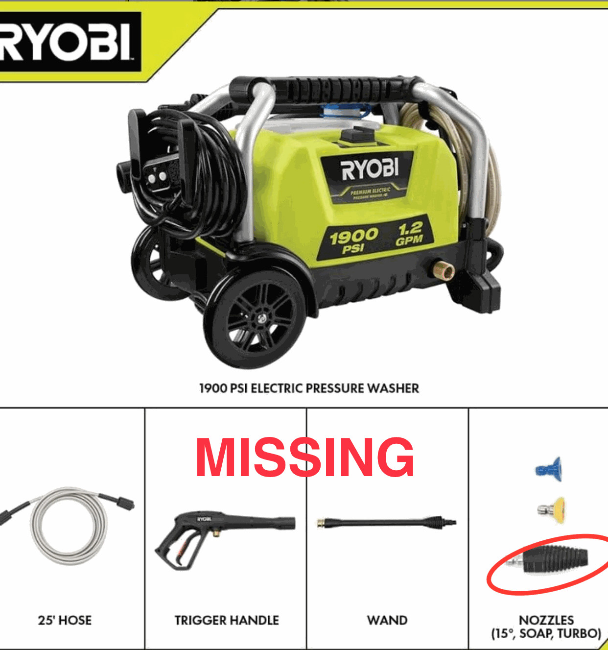 RYOBI 1900 PSI 1.2 GPM Cold Water Wheeled Corded Electric Pressure Washer