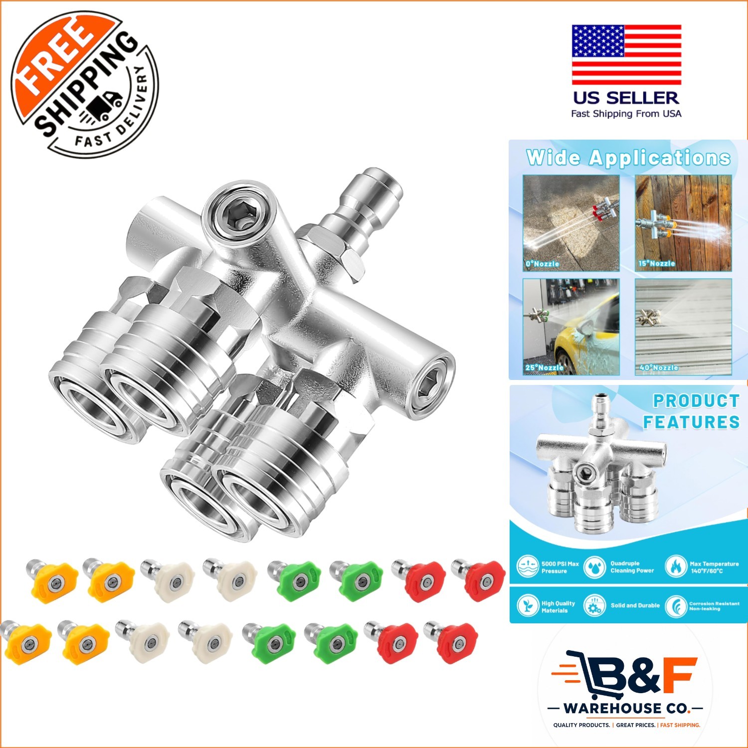 Quadruple Pressure Washer Tips – 4-in-1 Stainless Steel Nozzle Set, 5000 PSI