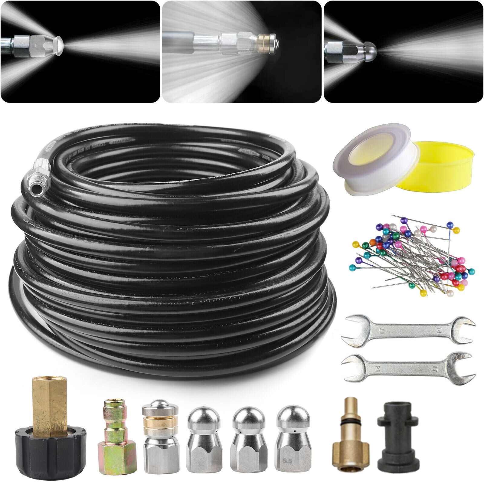 5800PSI Sewer Jetter Nozzles Kit 100FT 50FT Cleaning Hose for Pressure Washer US