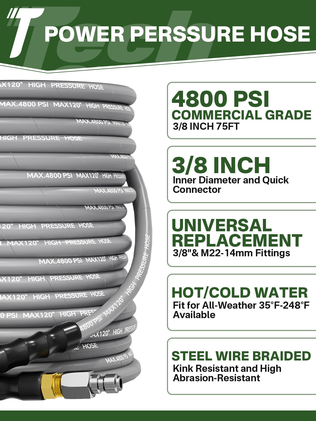 3/8″ 4800PSI Pressure Washer Hose 75FT with Swivel Quick Connect Max 248°F