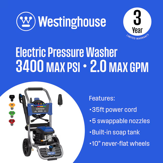 Westinghouse WPX3400e Brushless Heavy Duty Max 3400-PSI 2-GPM Cold Water Electri