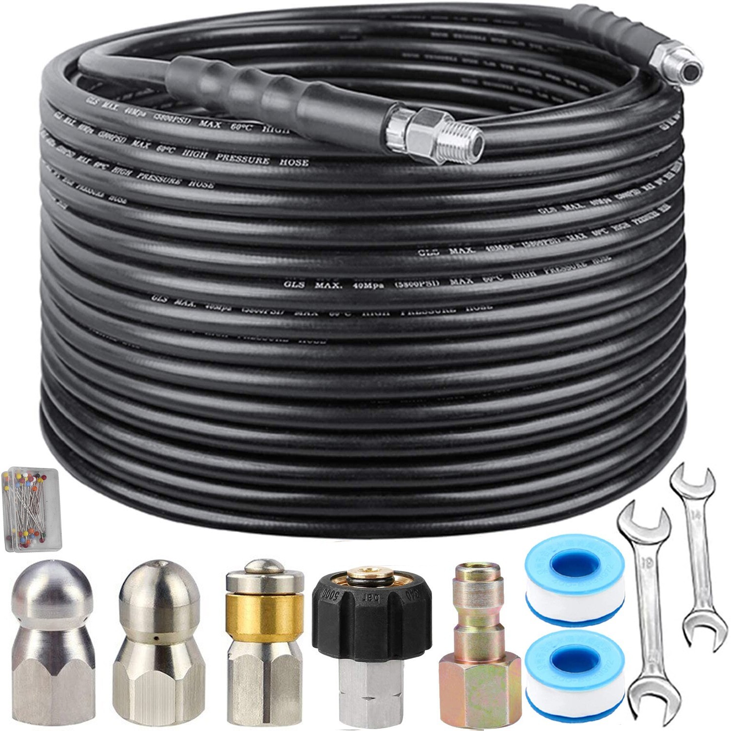 Sewer Jetter Nozzles Kit 100FT Drain Cleaning Hose for Pressure Washer 5800PSI