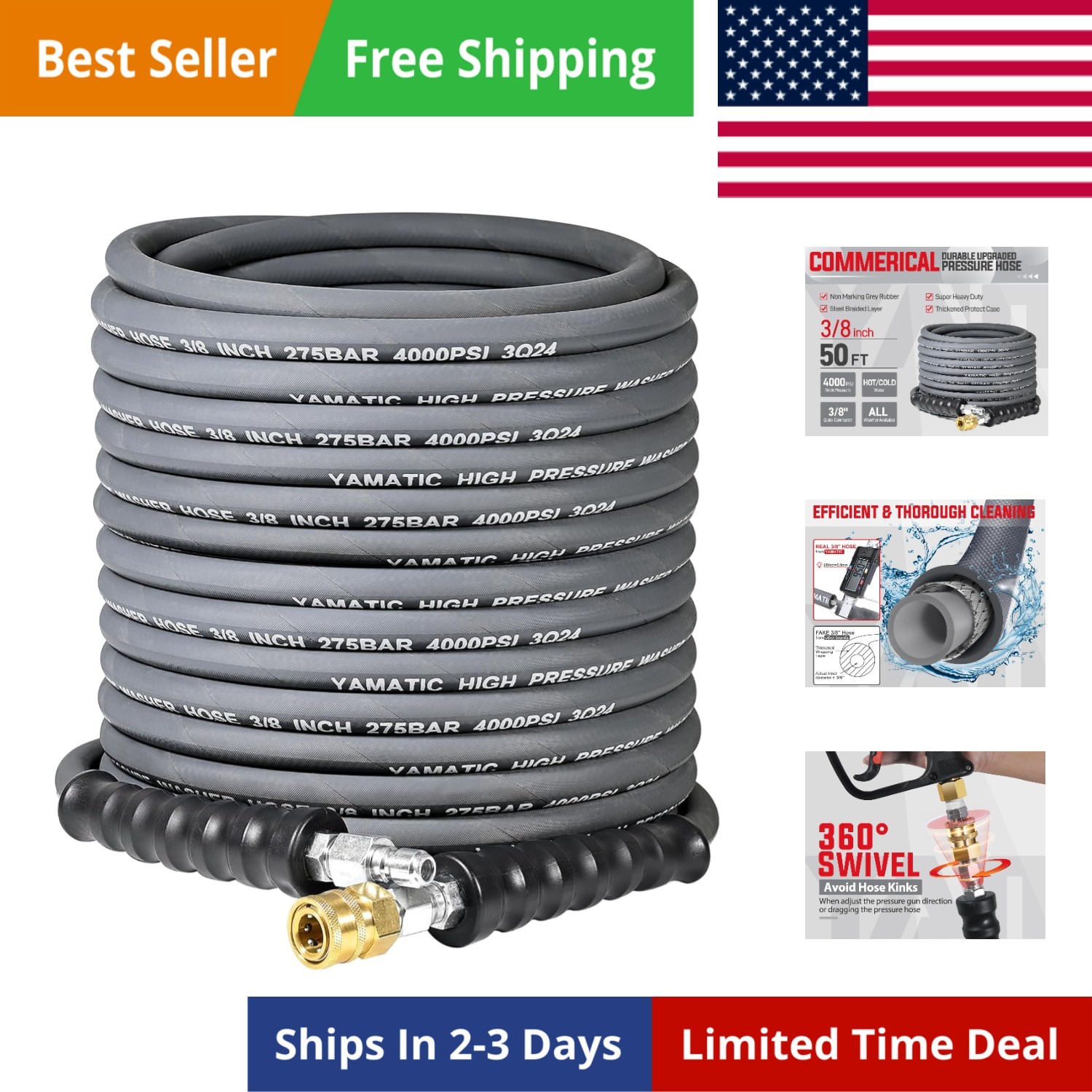 3/8″ ID Pressure Washer Hose 50 FT, 4000 PSI, Kink-Resistant 3/8Inch Swivel Q…