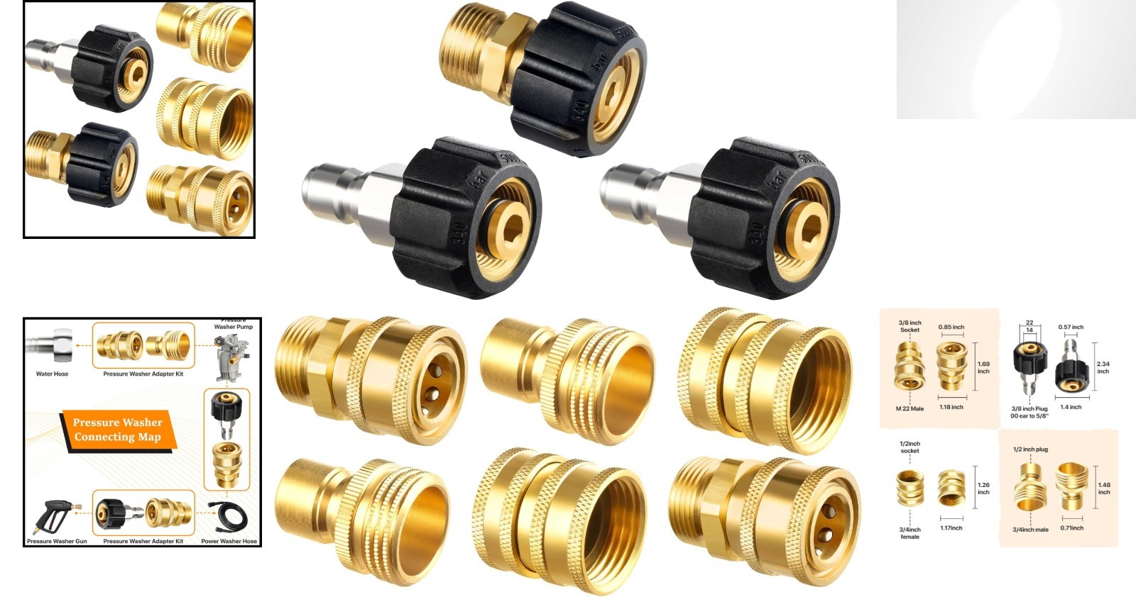 Durable Brass Pressure Washer Quick Connect Kit – 9 Sets for M22 14mm Fittings