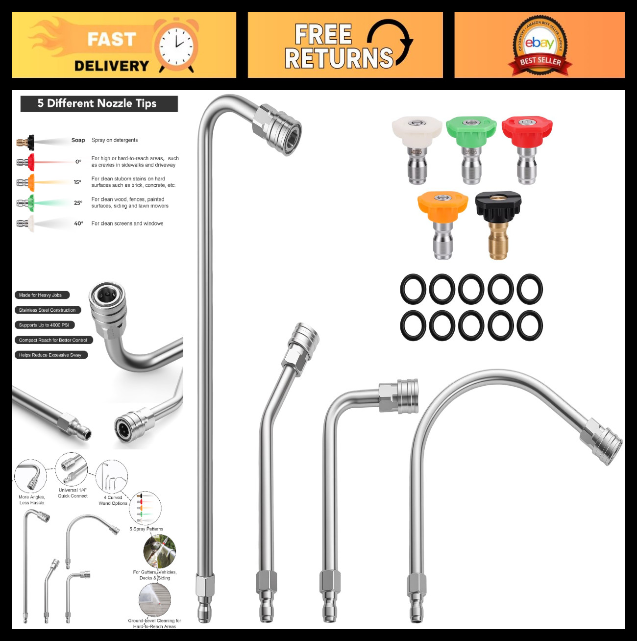 4000 PSI Pressure Washer Extension Wand – 4 Curved Stainless Steel Rods & 5 Nozz