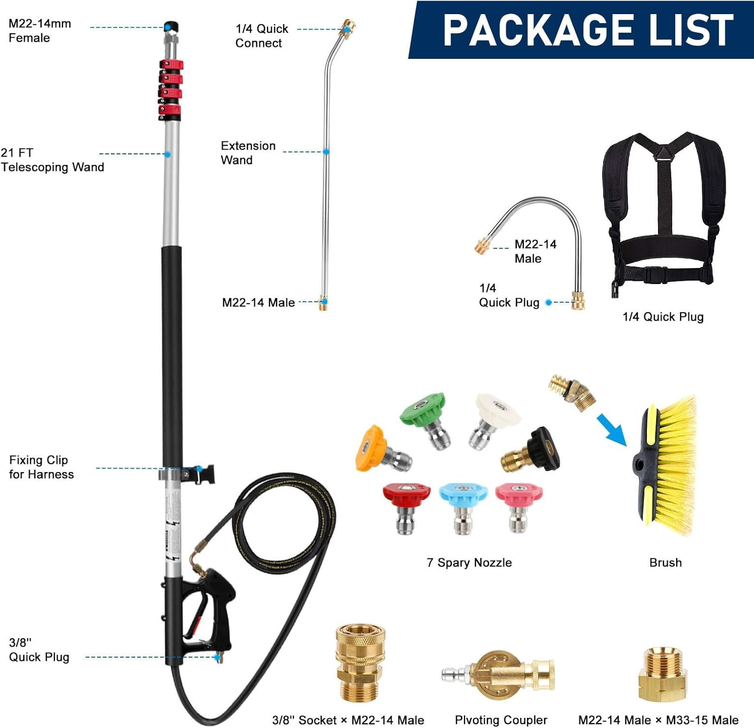 24FT Pressure Washer Extension Wand with Gutter Cleaner & 7 Nozzle Tips